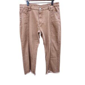 Cropped Brown Jeans Womens XXL Stretch High Waisted Raw Frayed Hem Grandpa Core